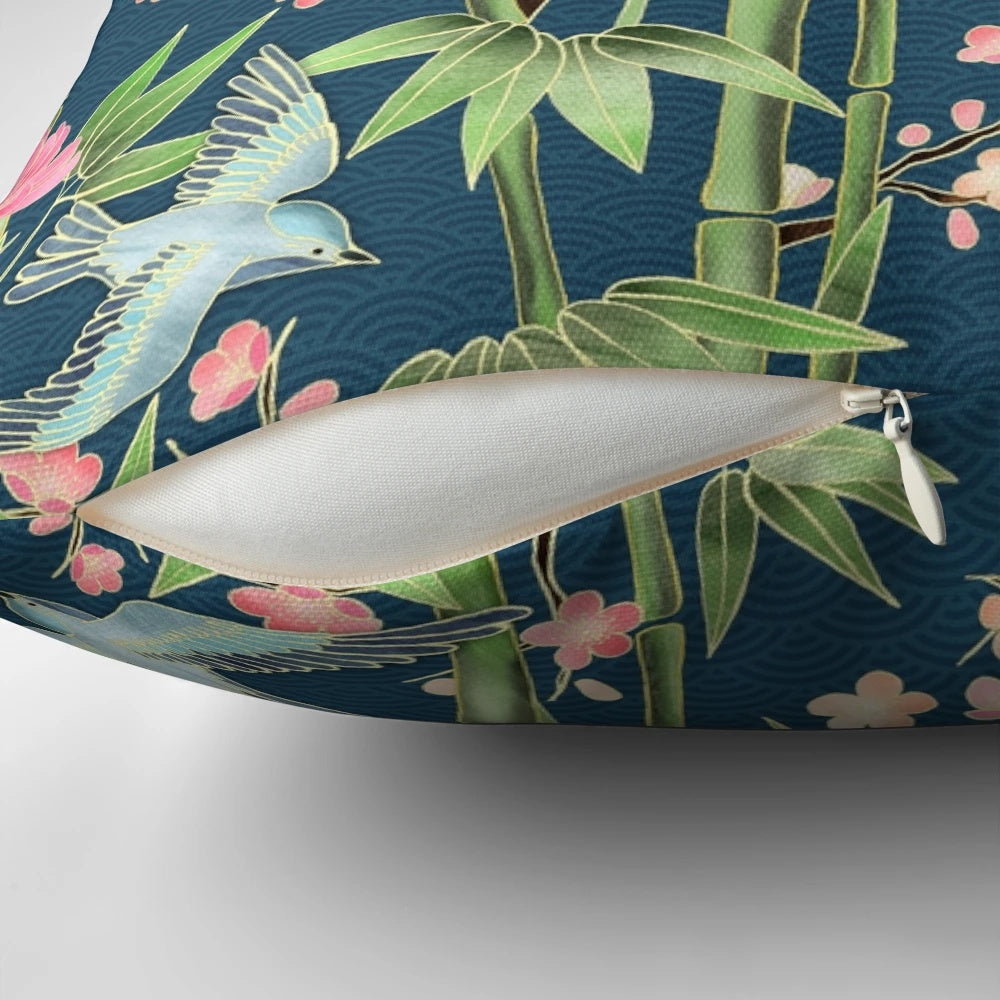 Decorative pillow cover featuring a vibrant pattern of chrysanthemums, birds, and bamboo in shades of teal, pink, and green.