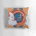 Colorful and whimsical circus-themed pillow with clowns, fire, and bright circles