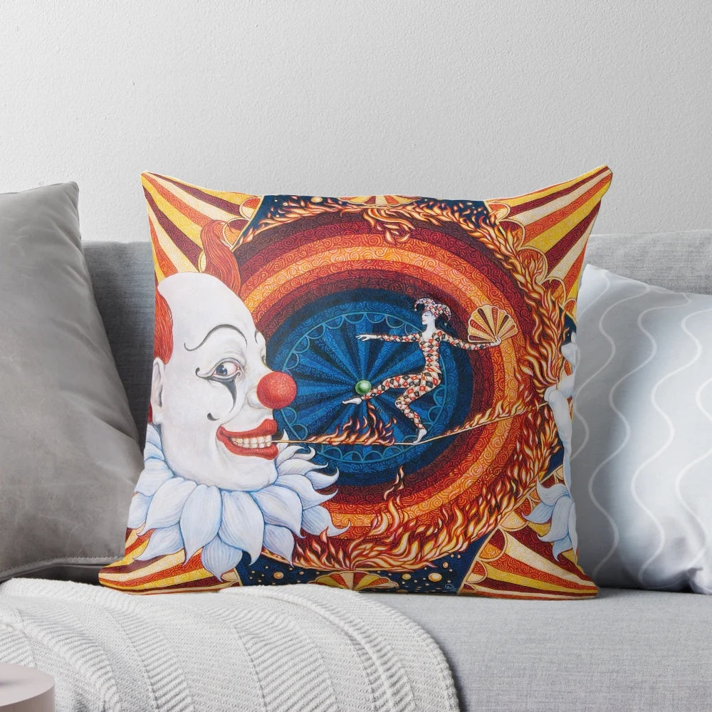 Colorful and whimsical circus-themed pillow with clowns, fire, and bright circles