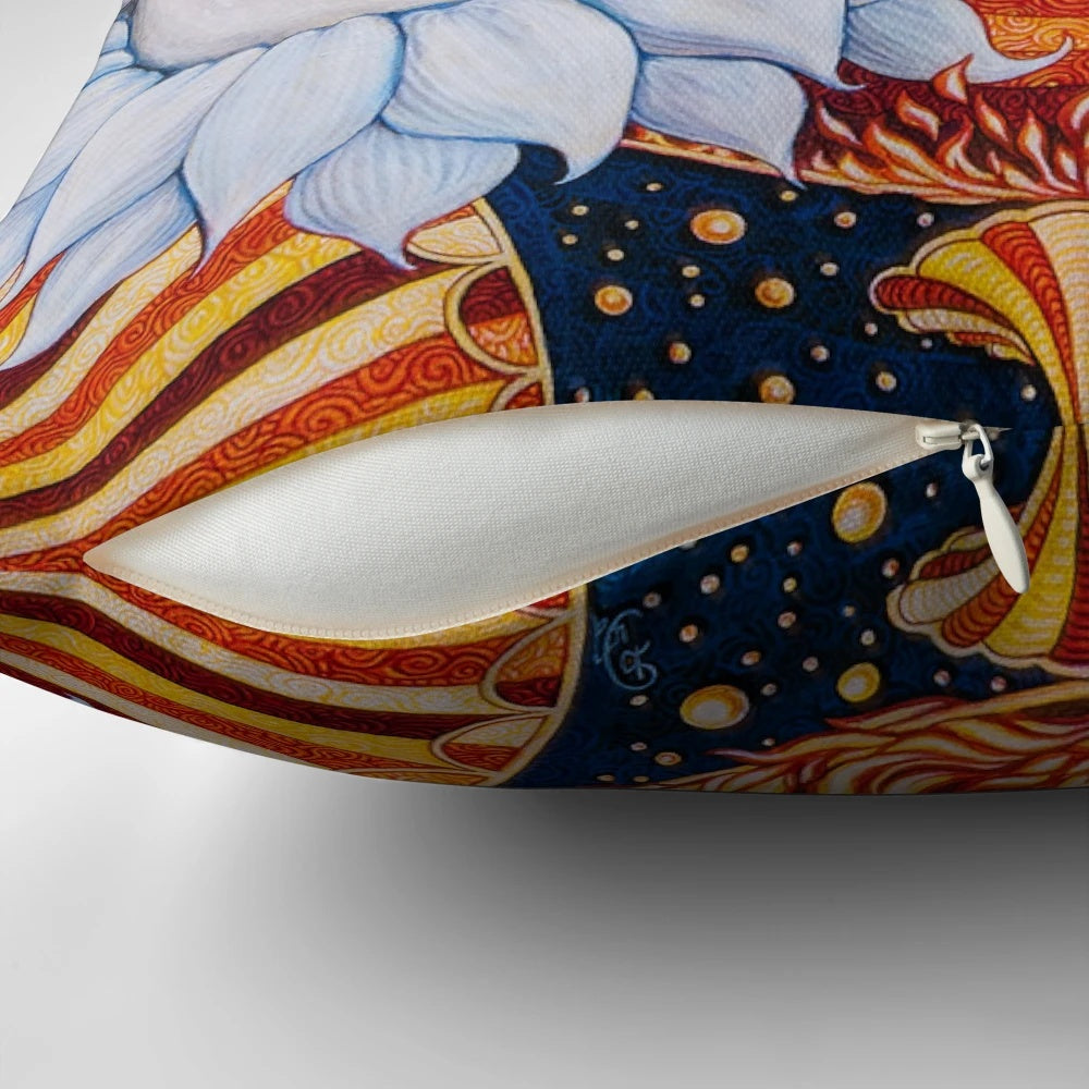 Colorful and whimsical circus-themed pillow with clowns, fire, and bright circles