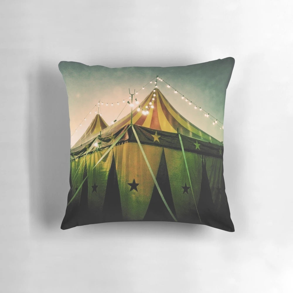 Colorful and whimsical circus-themed pillow, featuring a lively design that adds a touch of playfulness to any room.