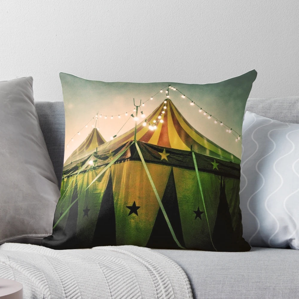 Colorful and whimsical circus-themed pillow, featuring a lively design that adds a touch of playfulness to any room.