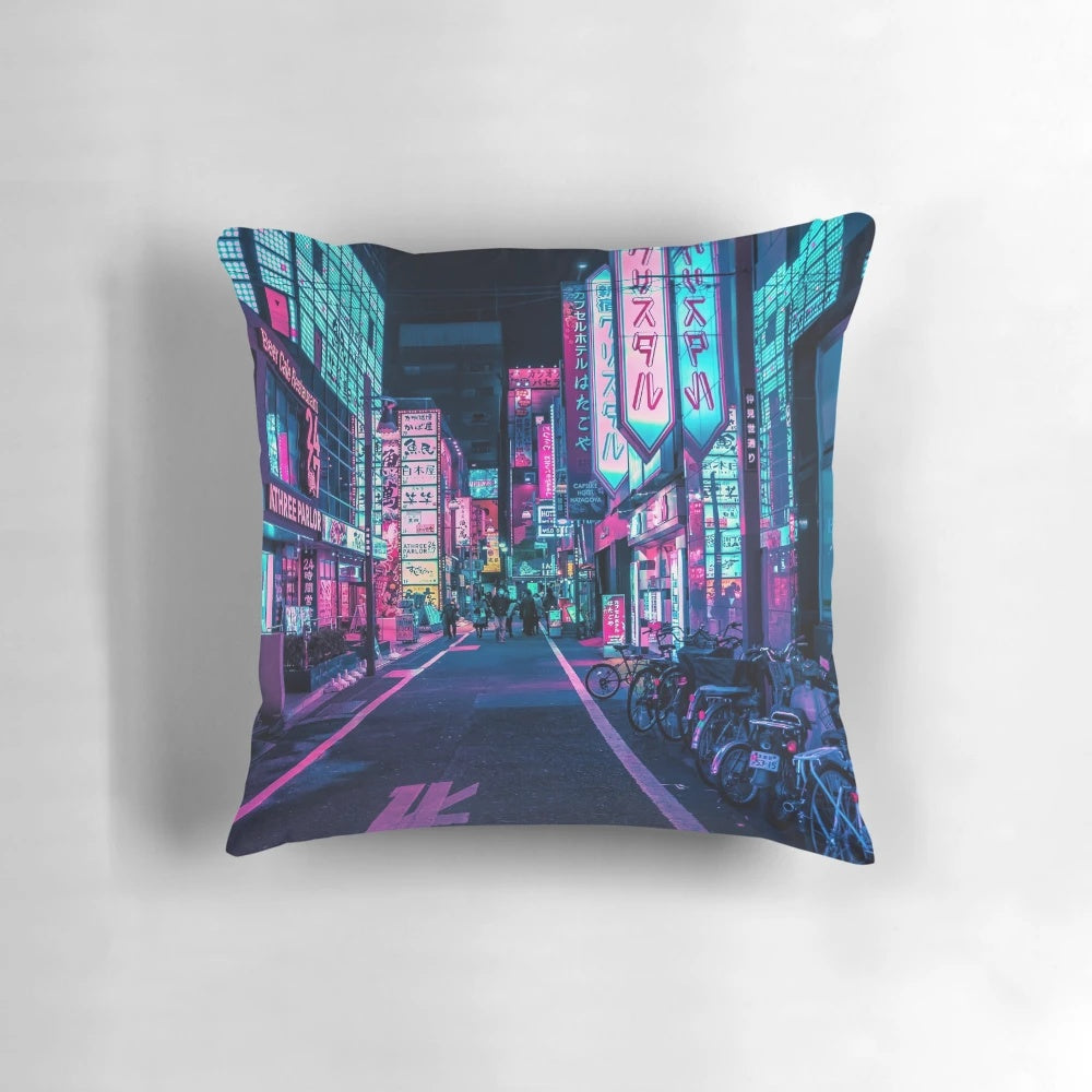 A colorful pillow featuring a vibrant city alley scene with neon lights and signs in Tokyo, Japan.