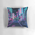 A colorful pillow featuring a vibrant city alley scene with neon lights and signs in Tokyo, Japan.
