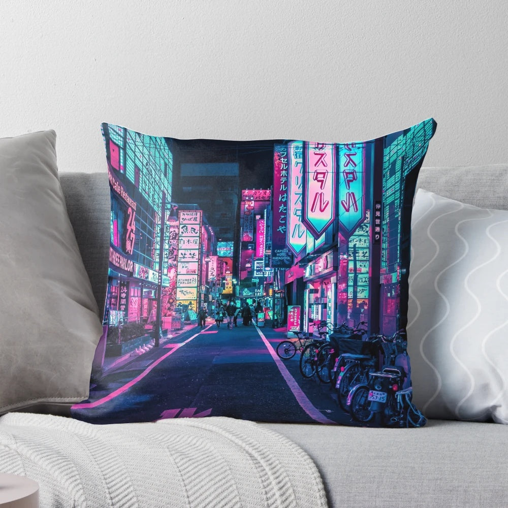 A colorful pillow featuring a vibrant city alley scene with neon lights and signs in Tokyo, Japan.