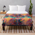 Colorful plush blanket featuring a city of monkeys design