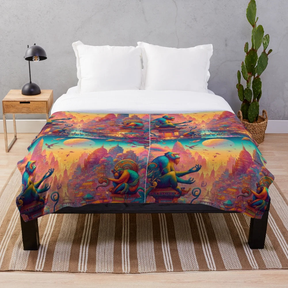 Colorful plush blanket featuring a city of monkeys design