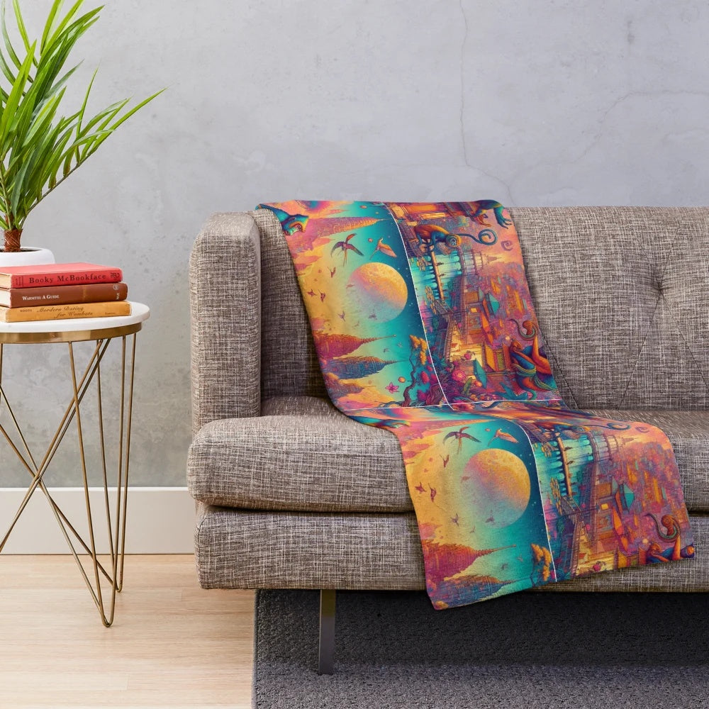 Colorful plush blanket featuring a city of monkeys design