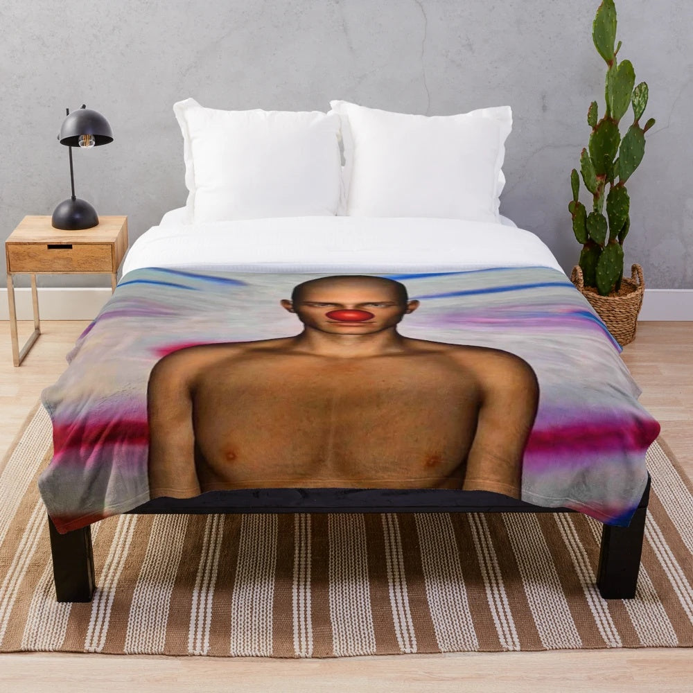 Colorful clown plush blanket with abstract patterns and nature-inspired motifs