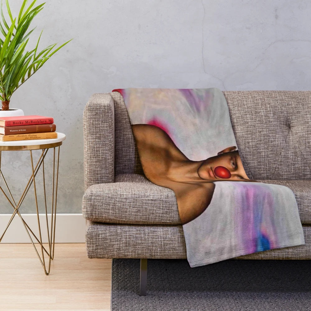 Colorful clown plush blanket with abstract patterns and nature-inspired motifs