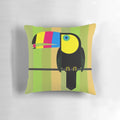 Colorful CMYK toucan digital illustration printed on a soft, high-quality pillow.