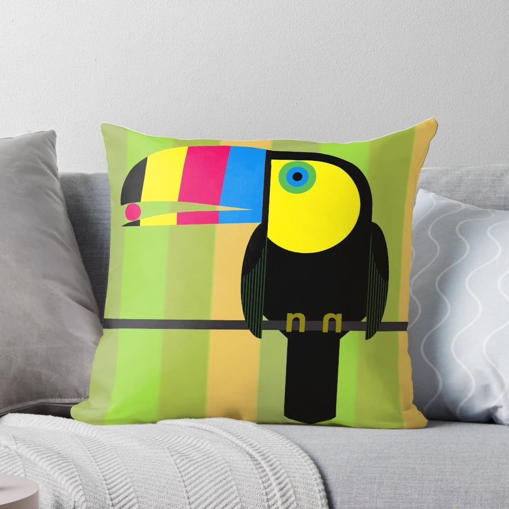 Colorful CMYK toucan digital illustration printed on a soft, high-quality pillow.