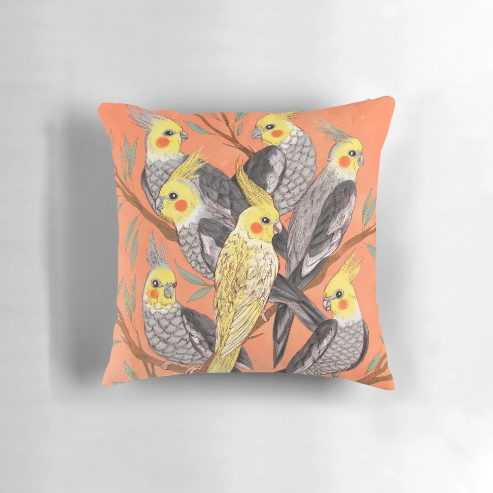 Colorful Cockatiel Pillow with Flock of Parrots in Nature-Themed Design