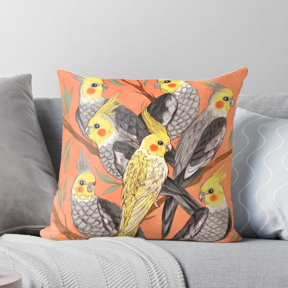Colorful Cockatiel Pillow with Flock of Parrots in Nature-Themed Design