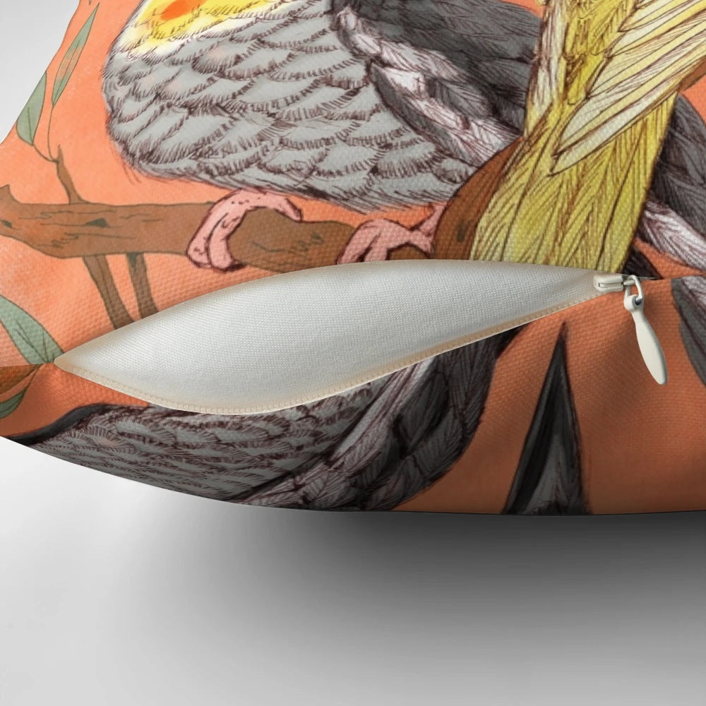 Colorful Cockatiel Pillow with Flock of Parrots in Nature-Themed Design