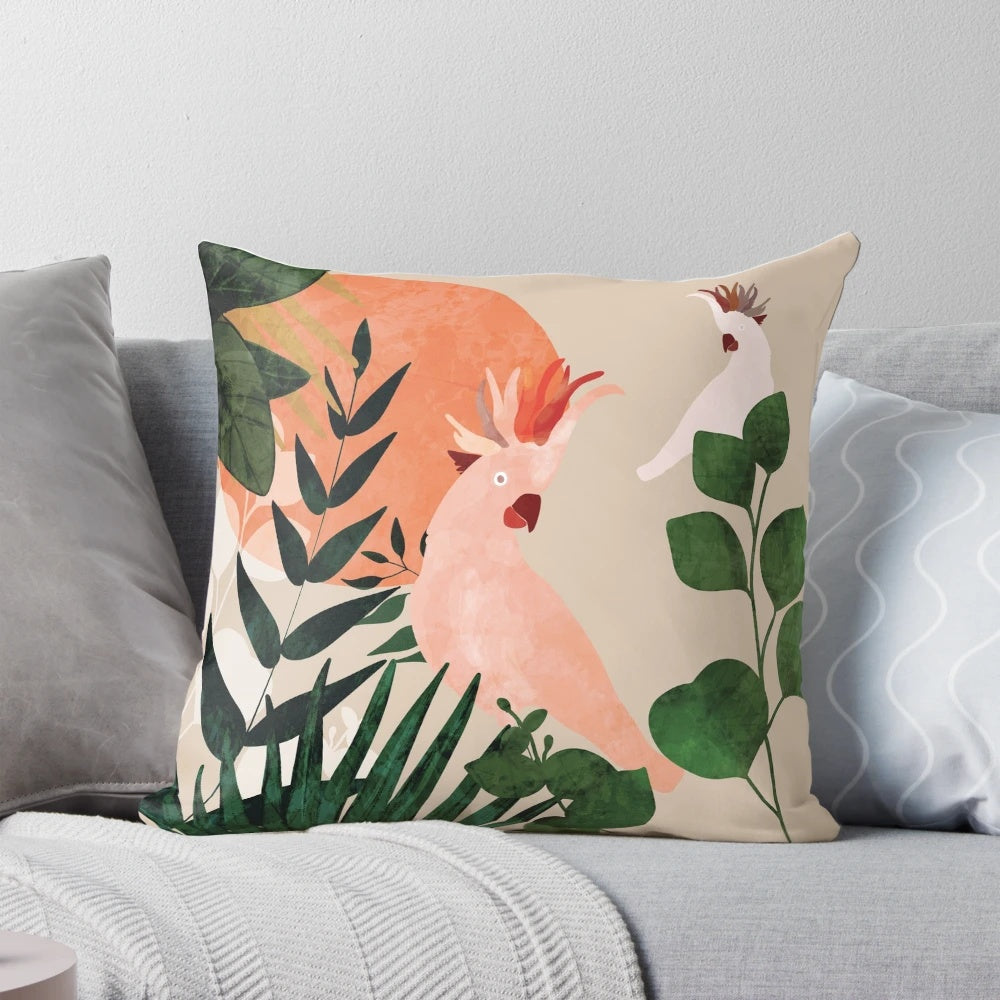 Vibrant throw pillow featuring a colorful cockatoo in a lush jungle setting with palm leaves and tropical foliage