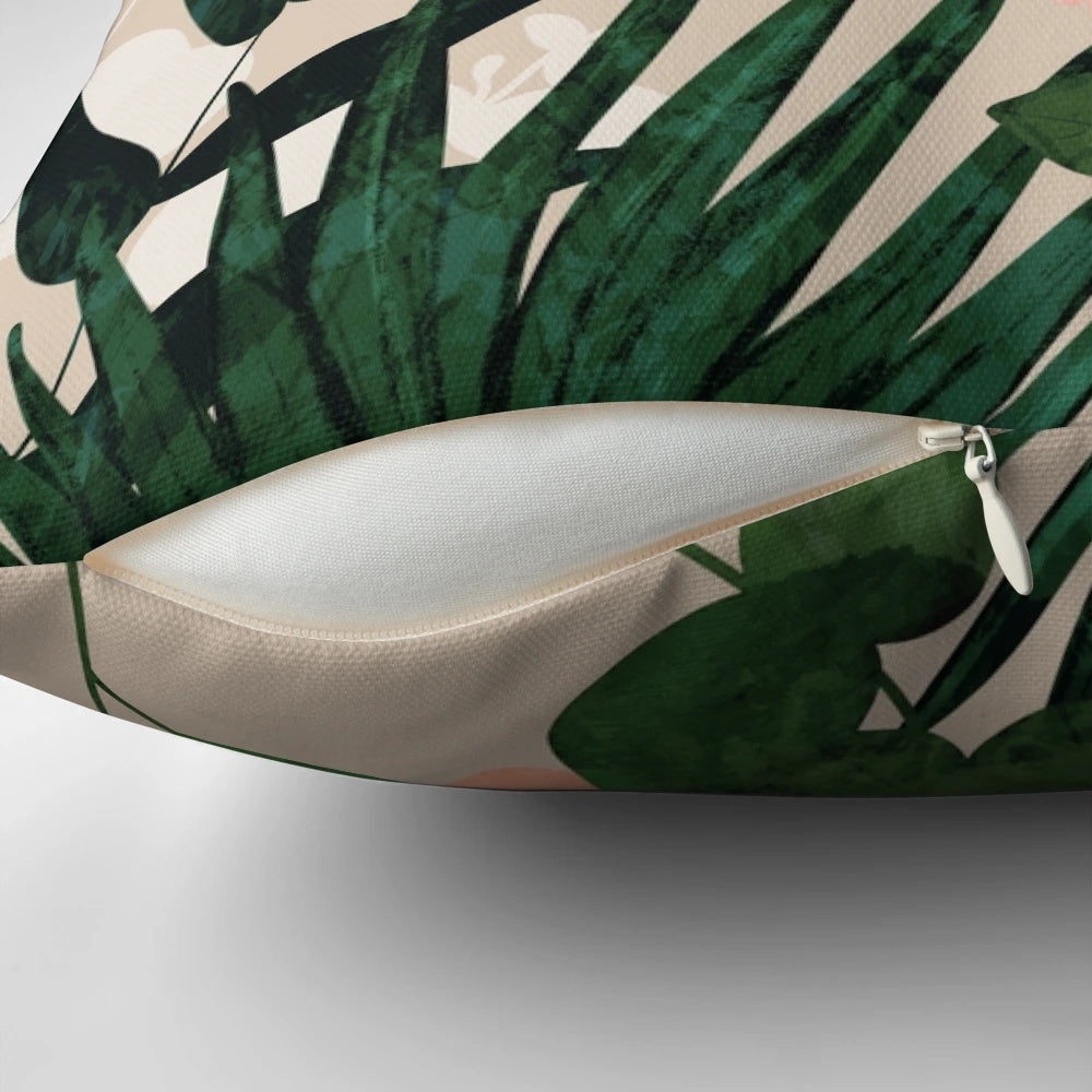 Vibrant throw pillow featuring a colorful cockatoo in a lush jungle setting with palm leaves and tropical foliage