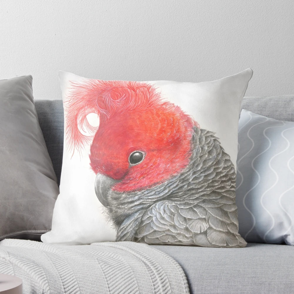 Stunning original watercolor design of a vibrant Gang-Gang Cockatoo on a throw pillow.