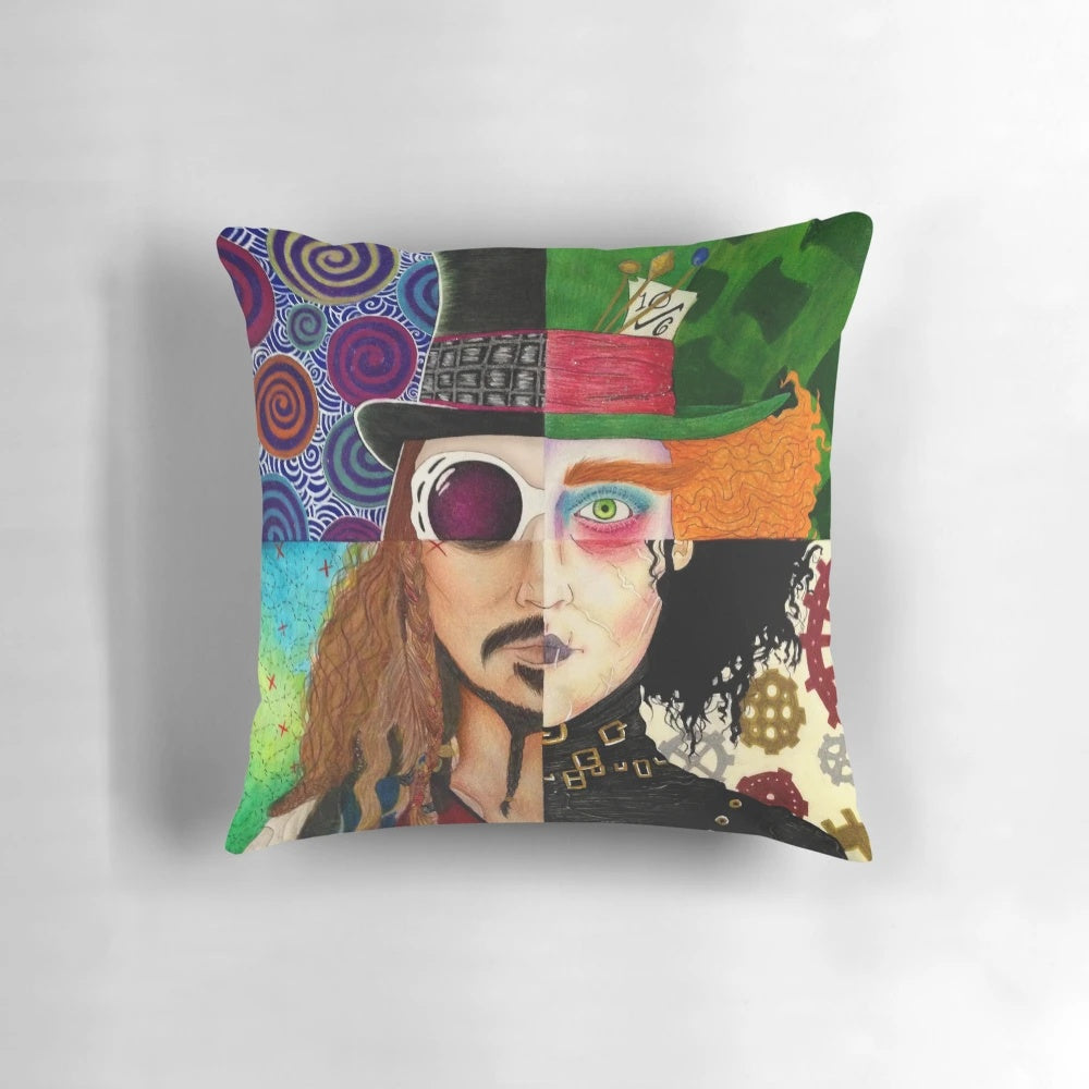Colorful collage of Johnny Depp's most beloved movie characters on a soft pillow