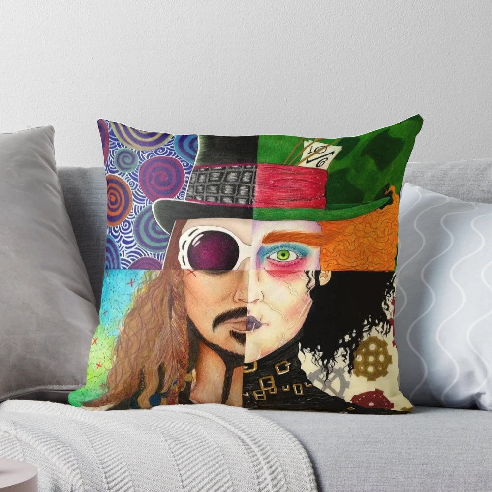 Colorful collage of Johnny Depp's most beloved movie characters on a soft pillow