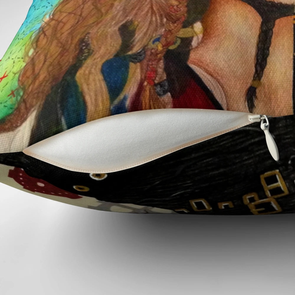 Colorful collage of Johnny Depp's most beloved movie characters on a soft pillow