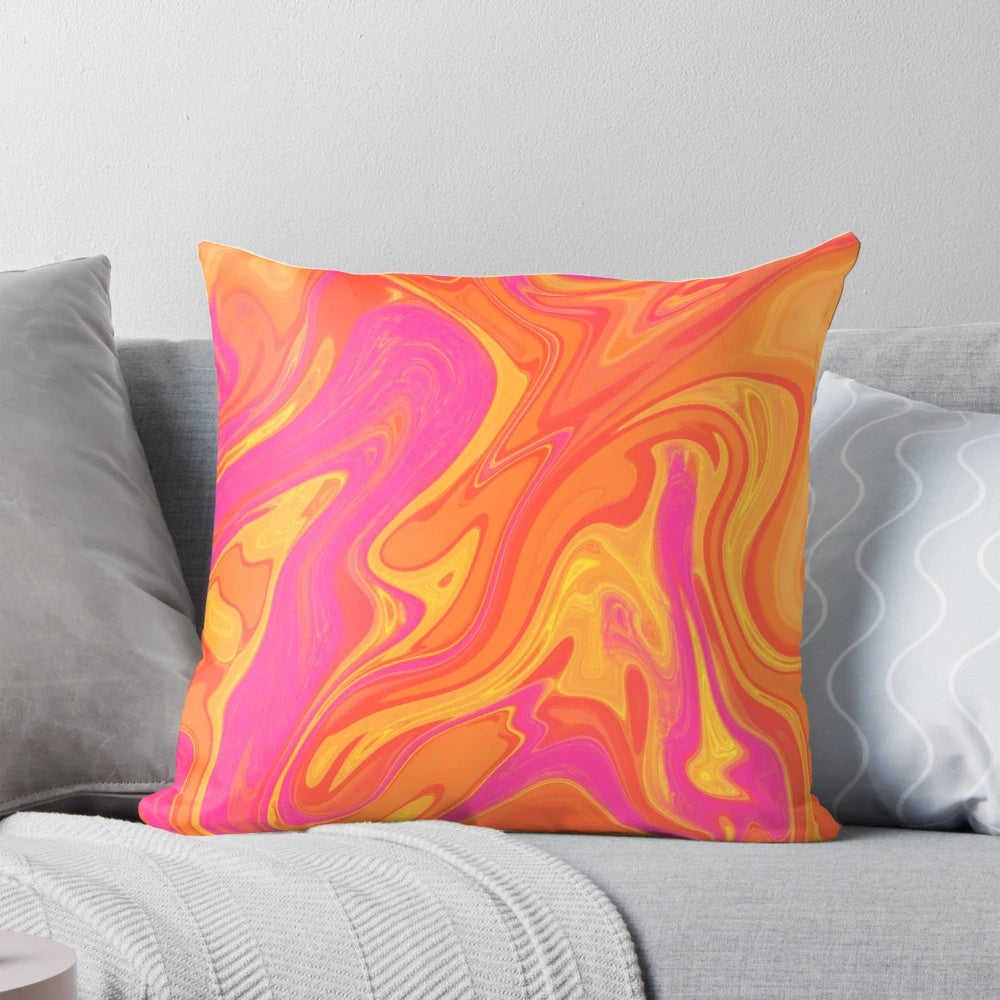 Colorful swirl pattern decorative throw pillow with shades of orange, pink, and yellow