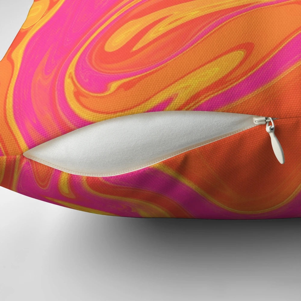 Colorful swirl pattern decorative throw pillow with shades of orange, pink, and yellow