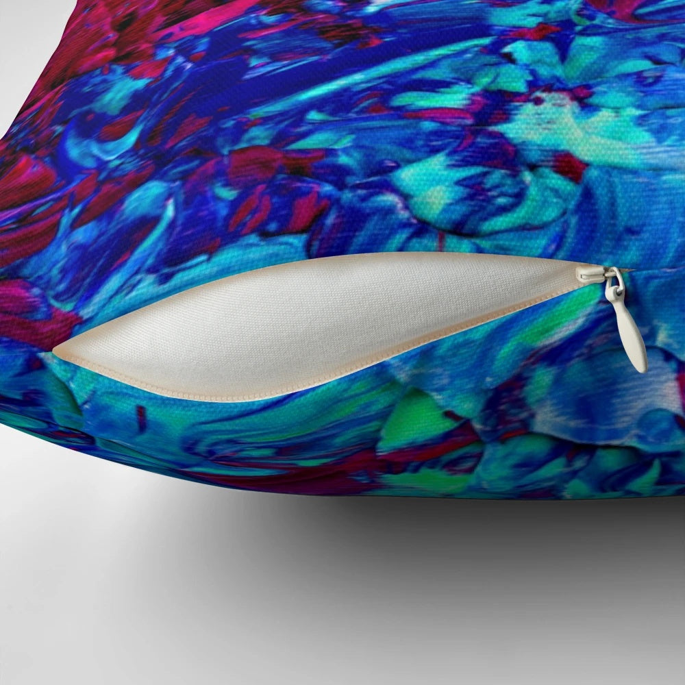 Colorful abstract painting with ombre waves in purple, blue, and pink hues