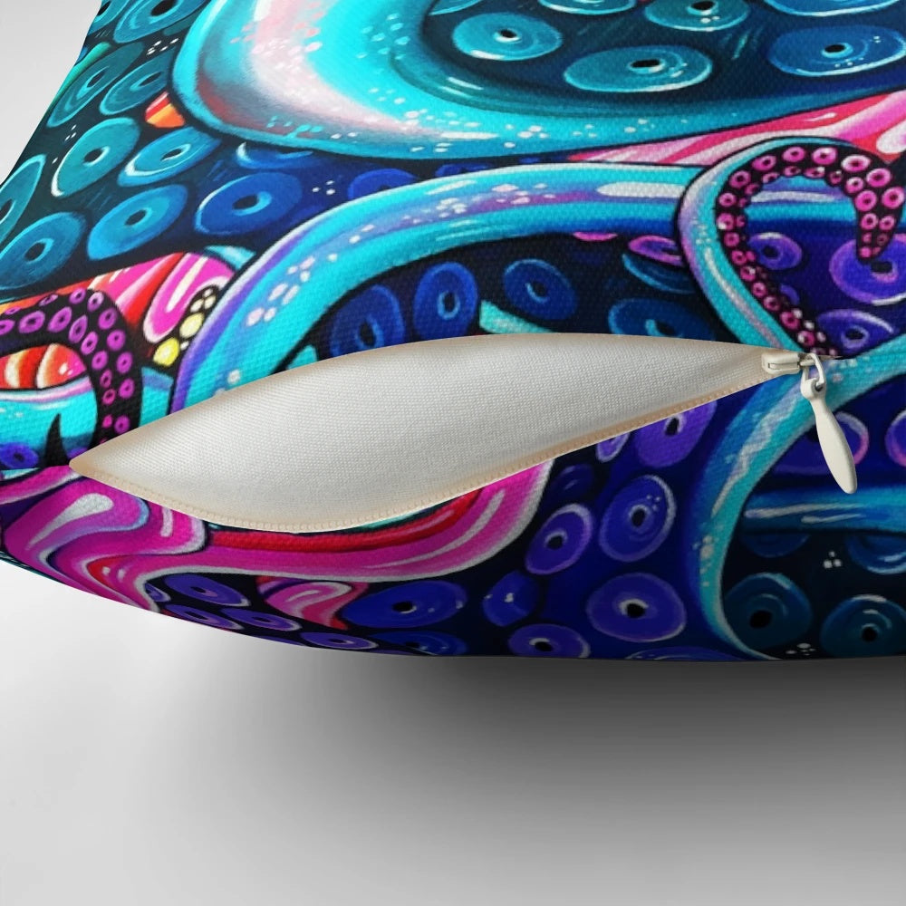 Vibrant, psychedelic octopus pillow with colorful tentacles and eyes