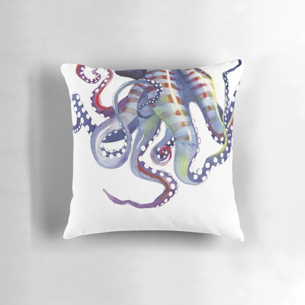 Vibrant watercolor octopus with rainbow tentacles adorning a plush throw pillow, perfect for coastal, nautical, and ocean-themed decor.