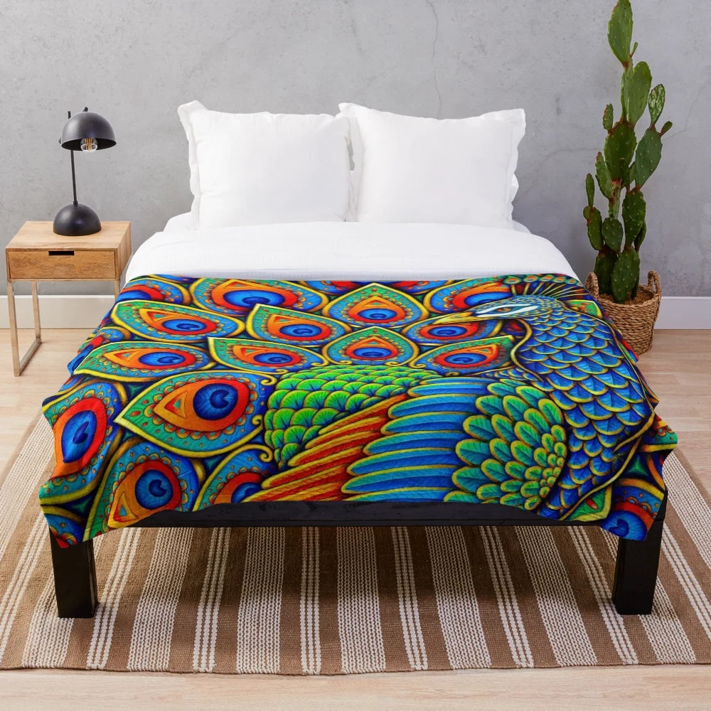 Colorful paisley peacock plush blanket with vibrant feather and mandala pattern