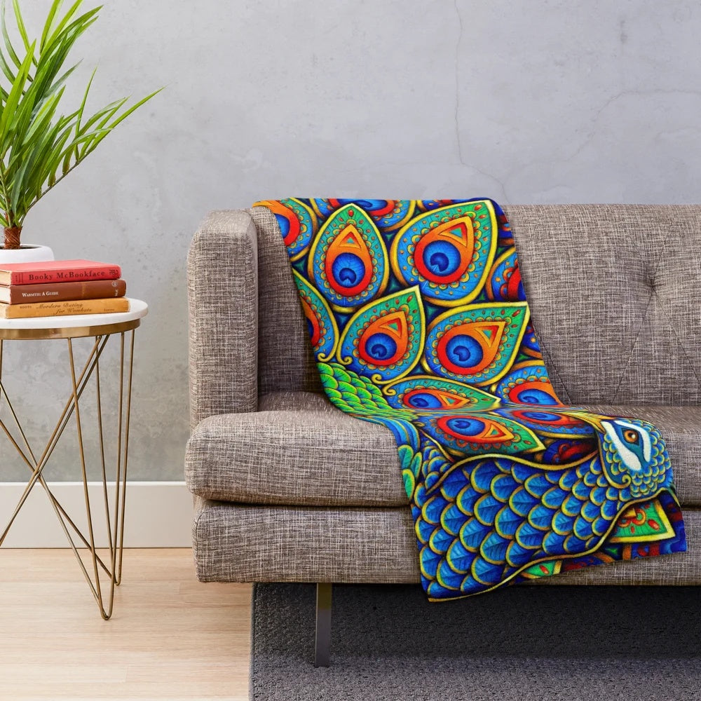 Colorful paisley peacock plush blanket with vibrant feather and mandala pattern