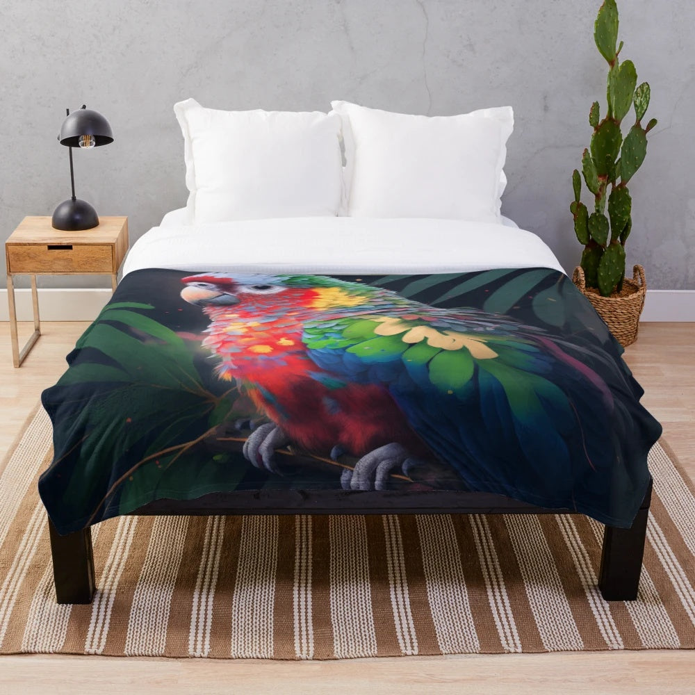 Colorful parrot plush blanket with lush foliage
