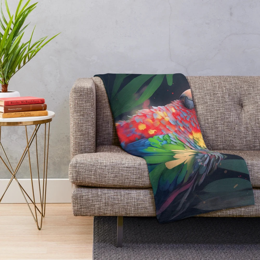 Colorful parrot plush blanket with lush foliage