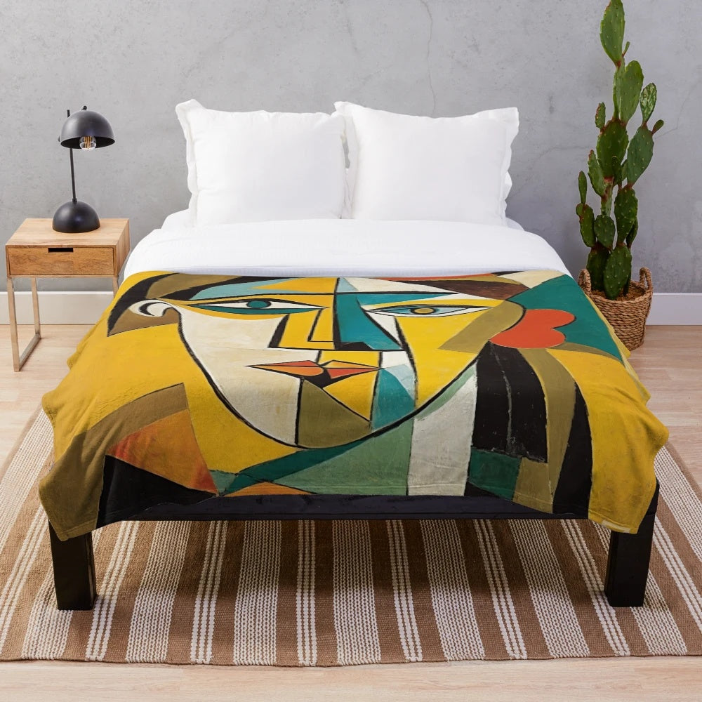 Vibrant and colorful plush blanket featuring abstract art design