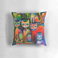 Colourful and whimsical throw pillow featuring a design of playful kittens in a rainbow of colours