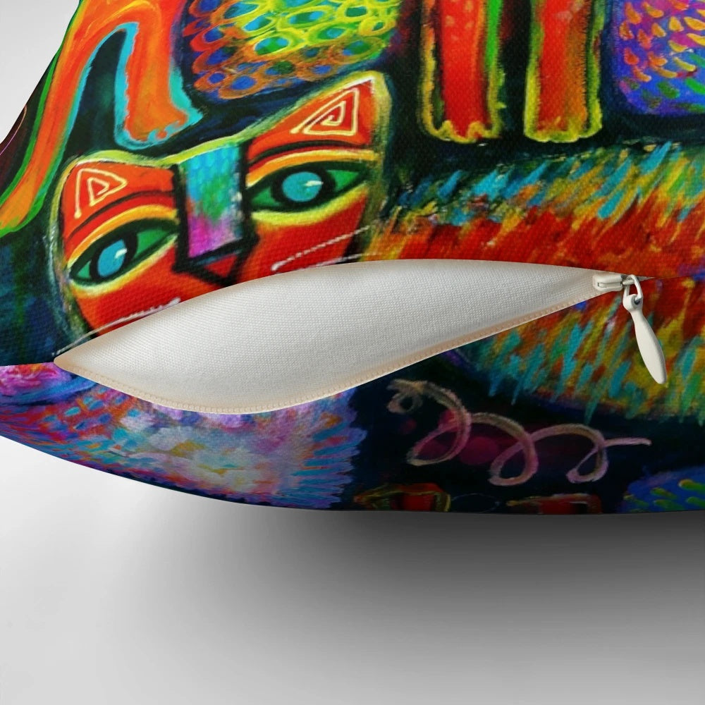 Colourful and whimsical throw pillow featuring a design of playful kittens in a rainbow of colours