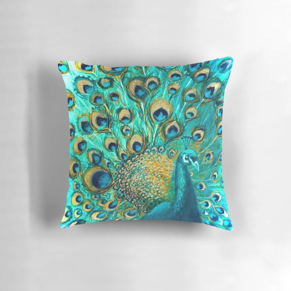 Colourful and detailed peacock feather design printed on a soft decorative pillow