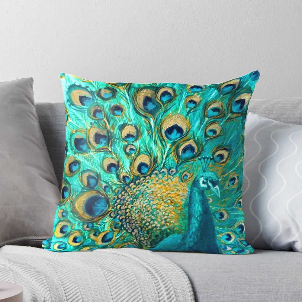 Colourful and detailed peacock feather design printed on a soft decorative pillow
