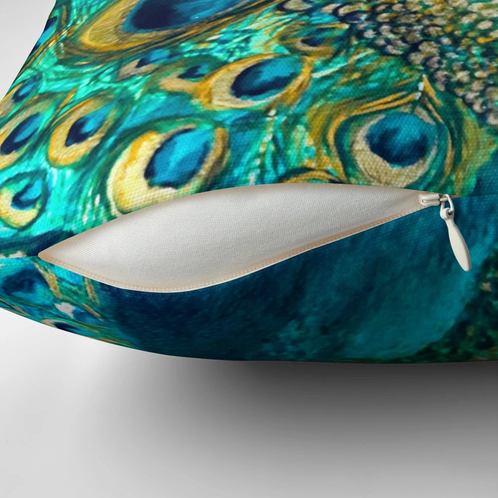 Colourful and detailed peacock feather design printed on a soft decorative pillow