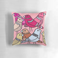 Colourful pink birds decorative pillow with a flock of playful pigeons