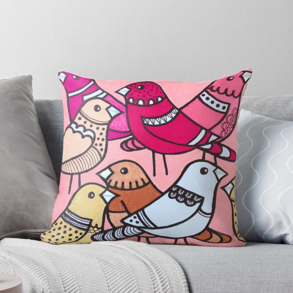Colourful pink birds decorative pillow with a flock of playful pigeons