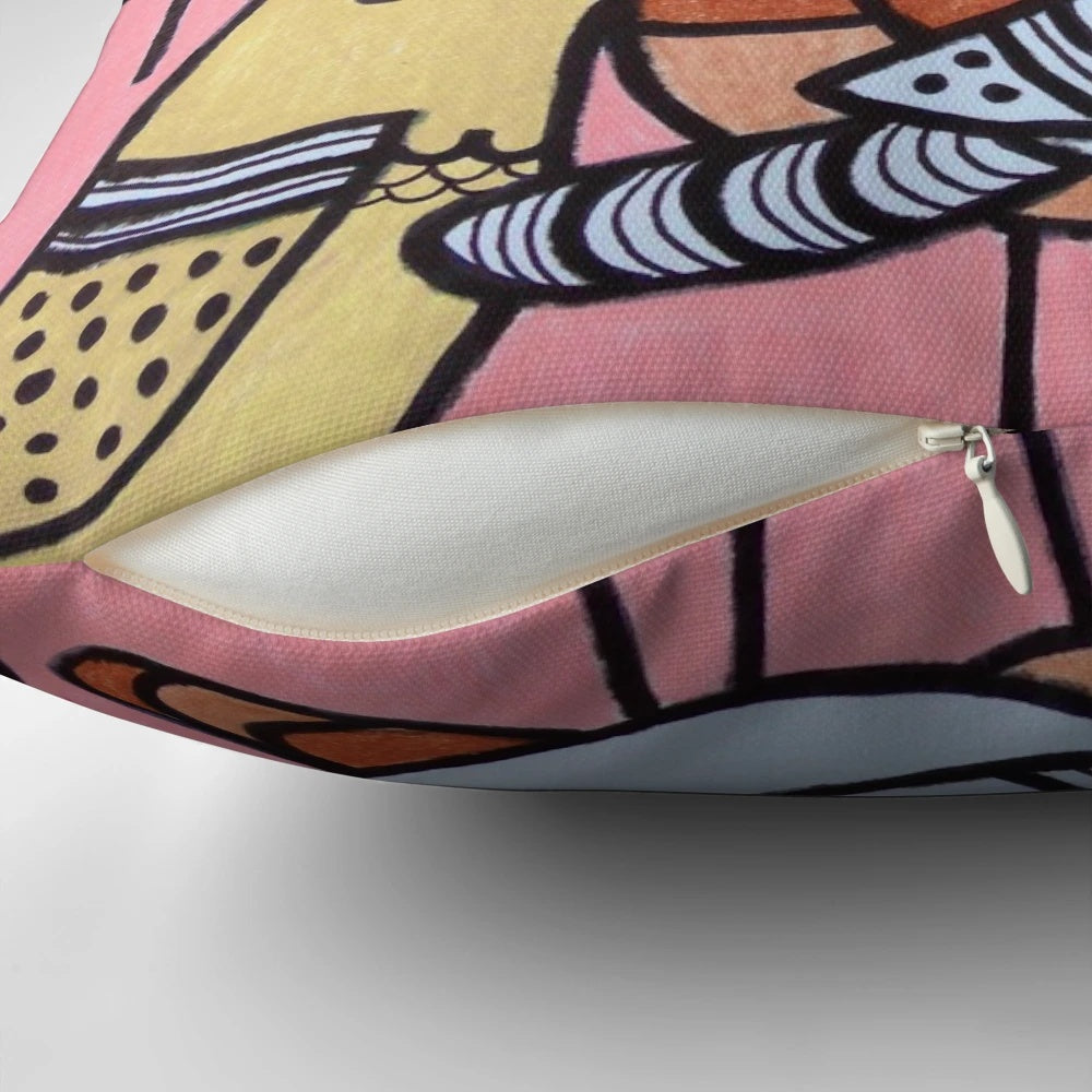 Colourful pink birds decorative pillow with a flock of playful pigeons