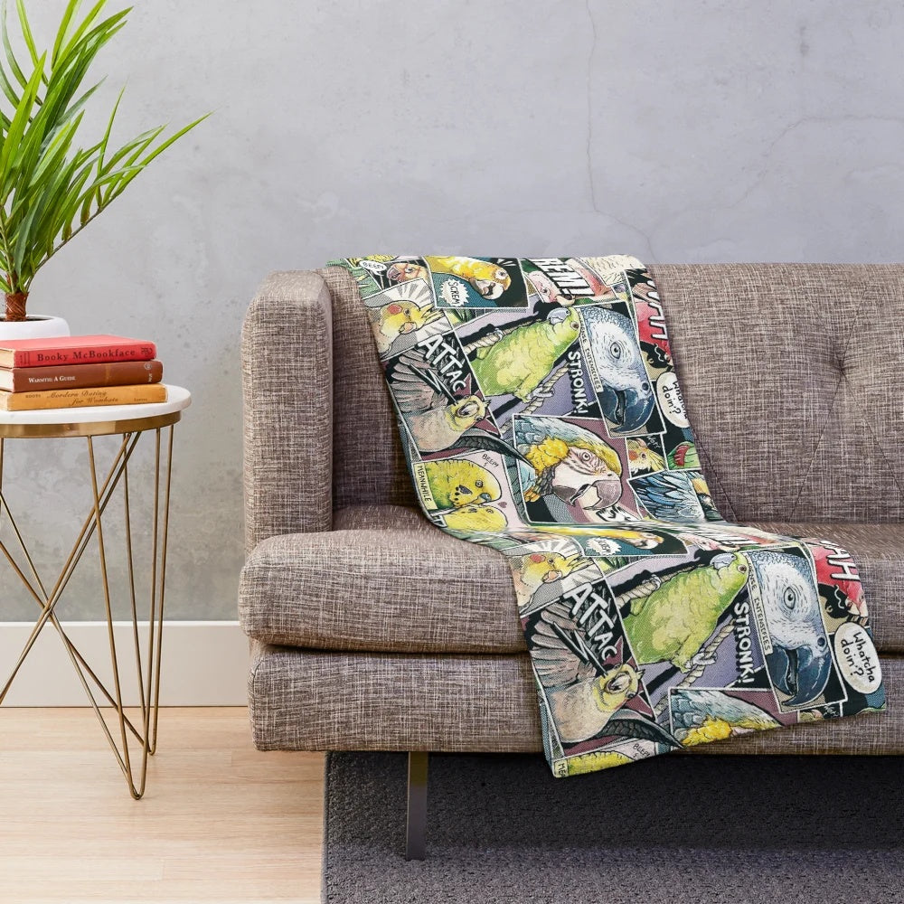 Colorful parrot themed plush blanket with comic style design