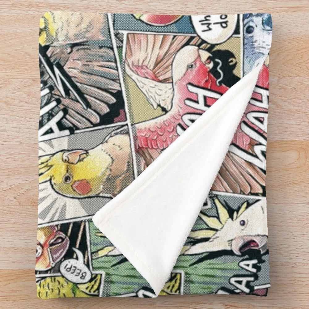 Colorful parrot themed plush blanket with comic style design