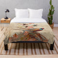 Common pheasant plush blanket with vibrant feathers and natural grass