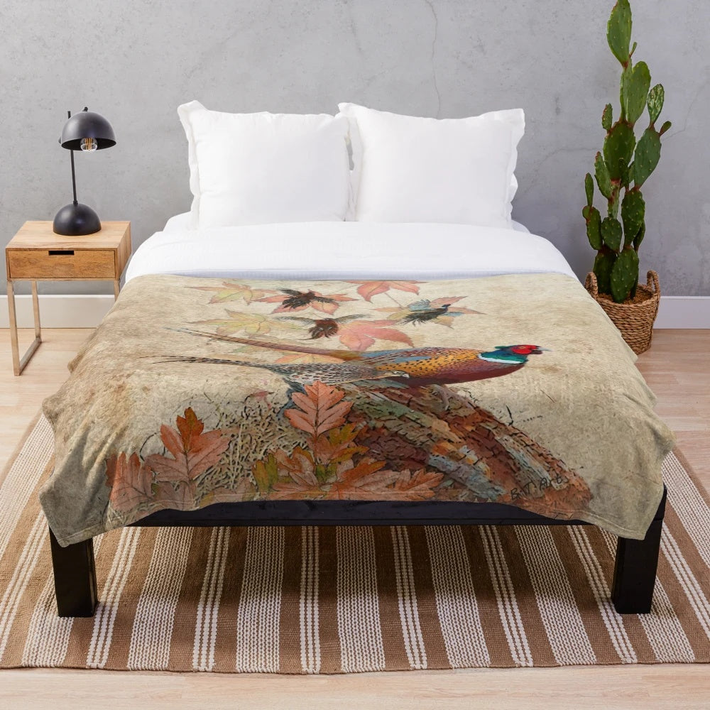 Common pheasant plush blanket with vibrant feathers and natural grass