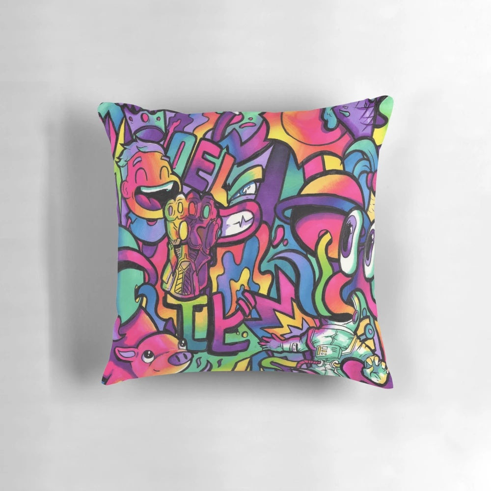 Colorful doodle art pillow featuring Copic marker design