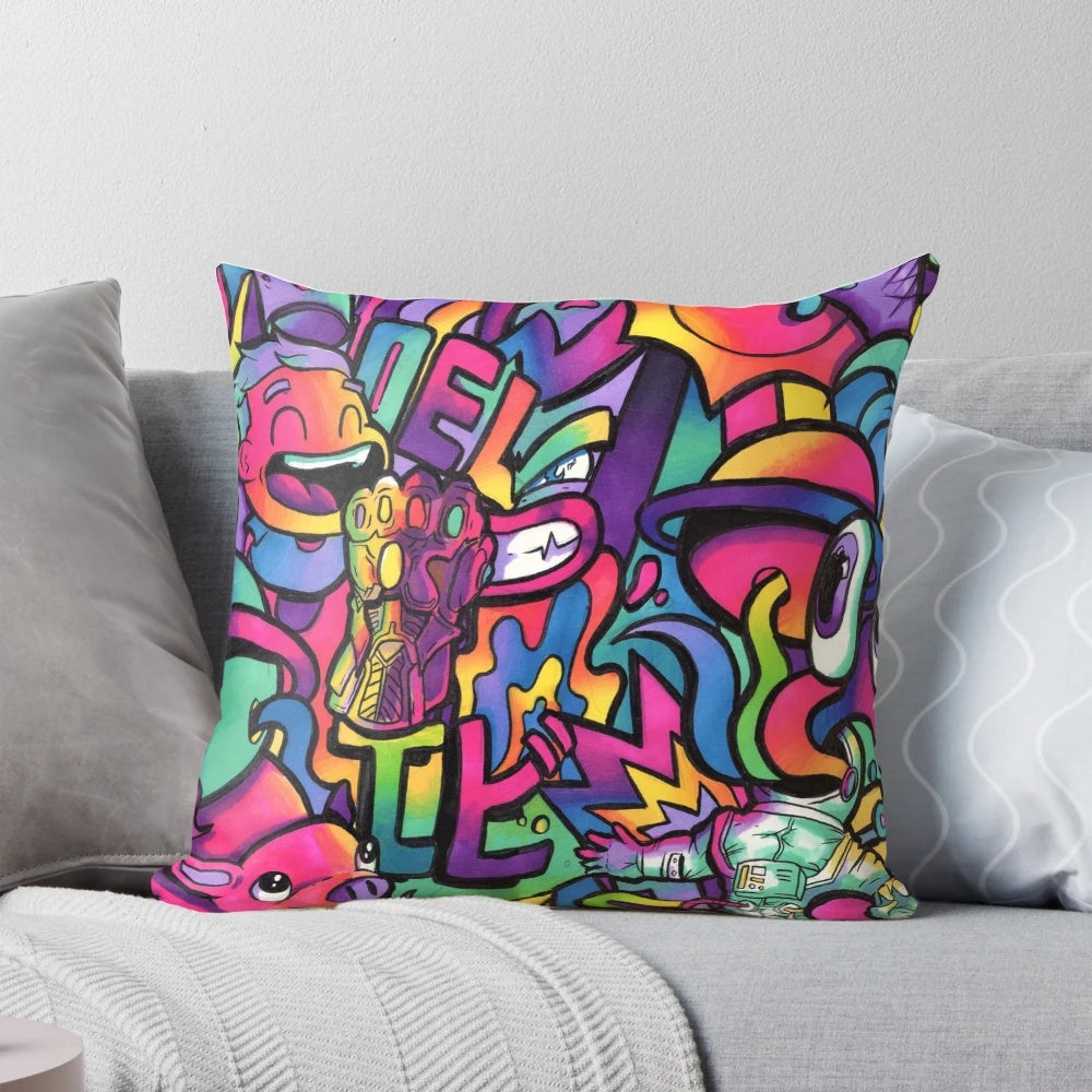 Colorful doodle art pillow featuring Copic marker design