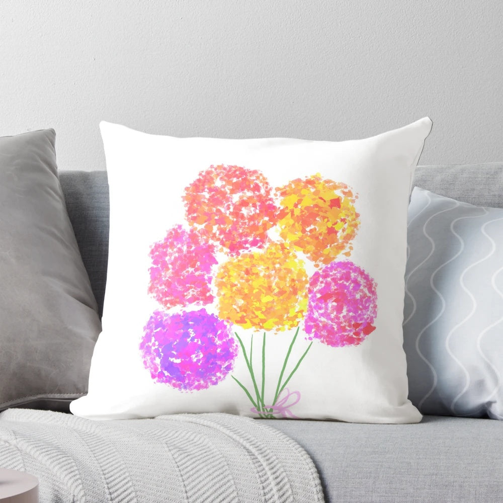 A vibrant and colorful flower bouquet pillow featuring a coquette aesthetic with a pink bow.